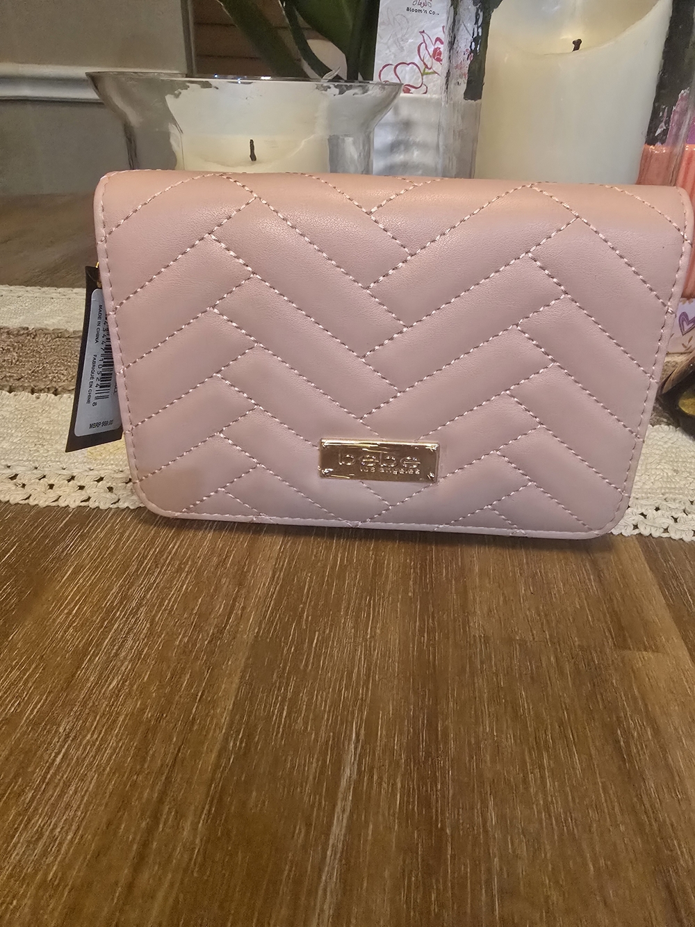 bebe Pink Quilted Crossbody Bag with Gold Plate